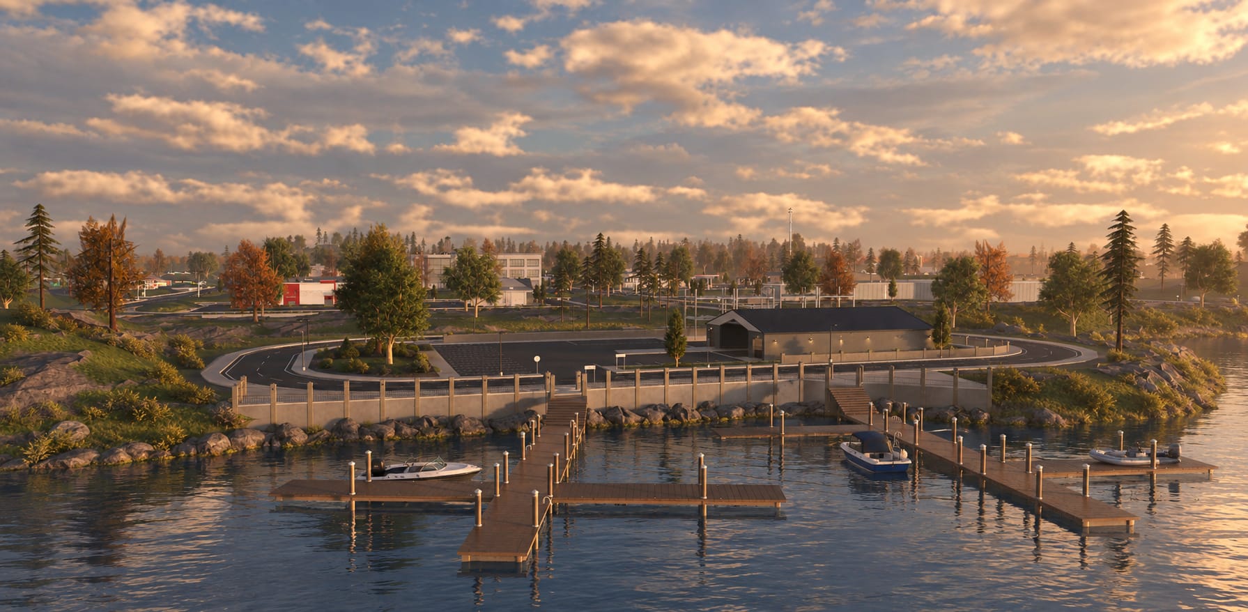 The Oakland County marina at golden hour: timber docks and moored boats on the lake, a stone seawall, and the town among oak and pine trees beyond.